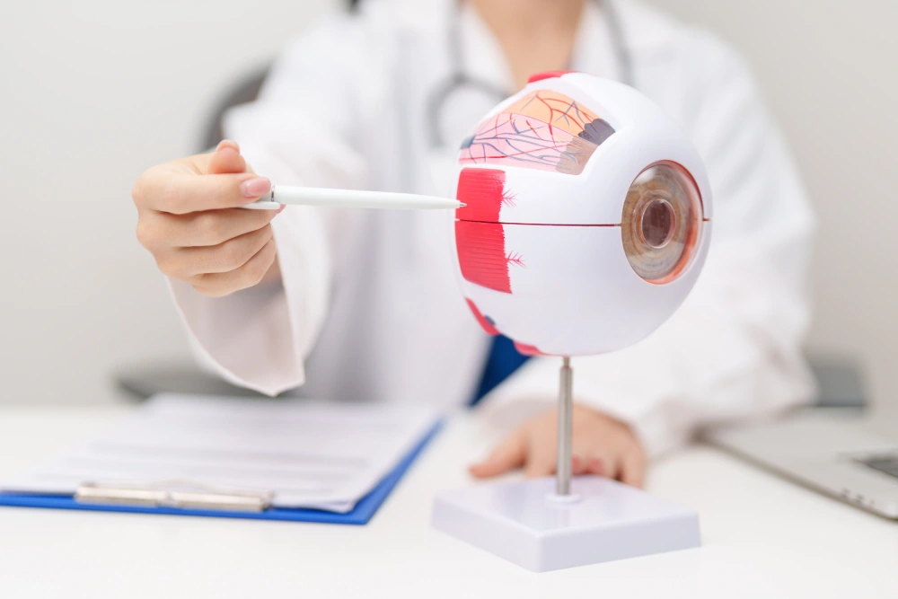 An ophthalmologist explaining the different types of cataract surgery to a patient during a consultation.